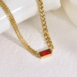 Mode Acier Titane Plaqué Or Rectangulaire Zircone Rouge Collier Bracelet Et Boucles d'Oreilles pour Femmes Bijoux de Luxe