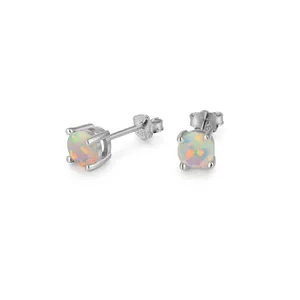 Elegant S925 sterling silver 5mm white opal stud earrings with four-prong setting
