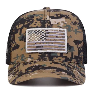 Detail showing tactical digital camo baseball cap with US flag velcro patch and mesh