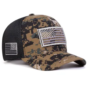 Tactical digital camo baseball cap with American flag patches and mesh back