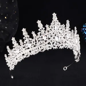 Detailed close-up of a silver bridal tiara with sparkling rhinestones and vine motifs