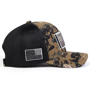 Detail of tactical camouflage baseball cap featuring American flag patch and breathable mesh