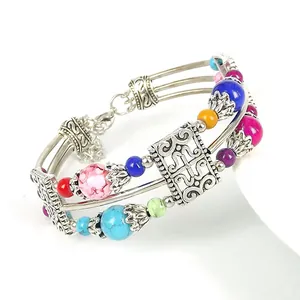 Multilayer silver alloy bracelet with colorful beads and vintage ethnic charms