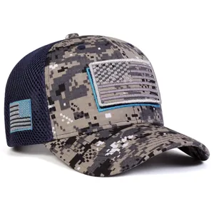 Gray digital camo baseball cap with US flag embroidery and navy breathable mesh panel
