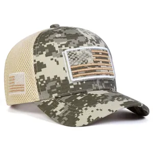 Macro shot of digital camo baseball cap featuring breathable mesh and US flag velcro patches