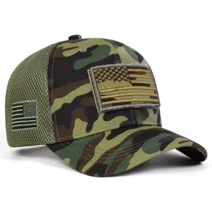 Detail of tactical camo baseball cap with US flag velcro patch and mesh back