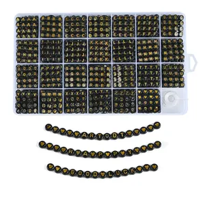 DIY kit with 24 compartments of black and gold letter beads plus elastic string for jewelry
