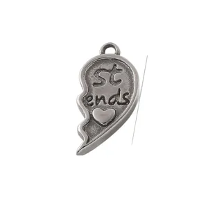 Vintage silver half heart Best Friends pendant with engraved st ends for DIY jewelry making
