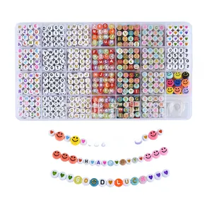 Macro detail of 24-grid organizer with colorful alphabet beads and DIY jewelry sets