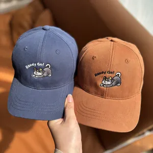 Kids baseball cap with Shiba Inu embroidery in navy and caramel orange colors