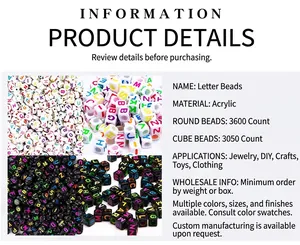 Detailed specifications of DIY acrylic alphabet beads showing square and round bead quantities