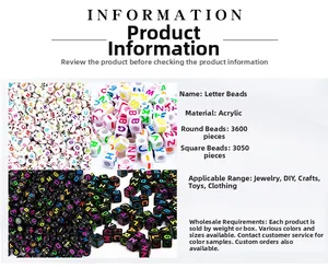 Detailed specifications of DIY acrylic alphabet beads showing square and round bead quantities