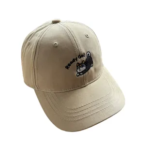 Khaki cotton baseball cap for kids with cute black Shiba Inu embroidery and Ready Go text