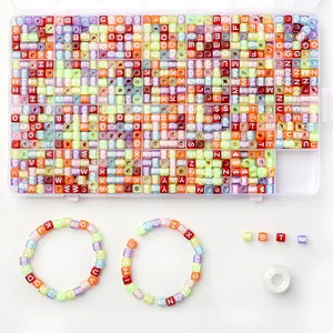 DIY colorful acrylic alphabet beads set in a 28-grid organizer box with elastic strings