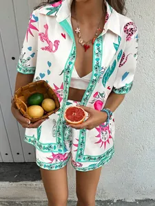 Detailed view of silky summer two-piece set featuring premium astrological myth prints
