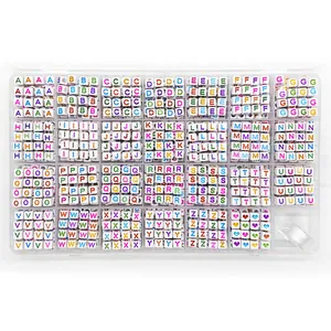 DIY jewelry kit with 28 grid organizer box containing white A-Z alphabet beads and elastic cord