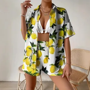 Women's summer two-piece set with yellow lemon print shirt and high-waisted shorts