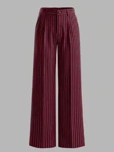Elegant burgundy high waist pinstripe wide leg suit trousers with double pleats