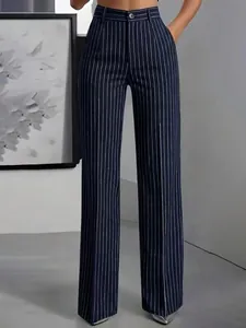 Women's high waist navy pinstripe wide leg trousers with professional tailored silhouette