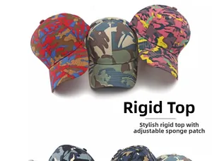 Detail showing various camouflage patterns and structured crown of the baseball caps