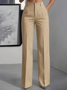 High waist vertical striped wide leg trousers in khaki for stylish office wear