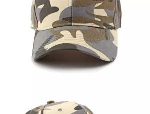 Vertical detail of two camouflage baseball caps featuring durable cotton canvas material