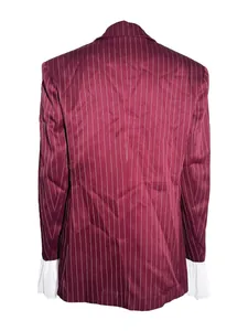 Burgundy pinstripe blazer for women featuring white ruffled cuffs and oversized street style