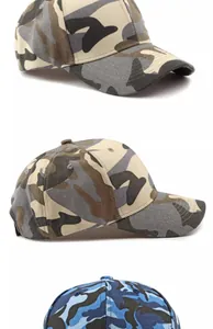 Detail view of desert and blue camouflage baseball caps with structured six-panel design