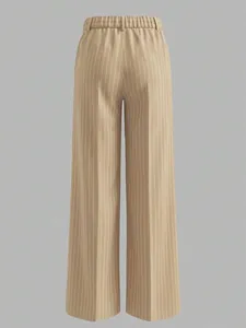 Detail view of khaki wide-leg trousers featuring vertical stripes and elastic high waist