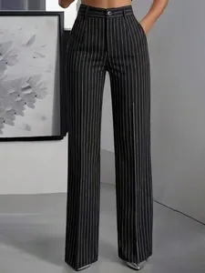 High-waisted vertical striped wide-leg trousers for women with a sleek business casual fit