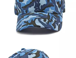 Close-up of blue camouflage pattern and fine stitching on cotton baseball cap