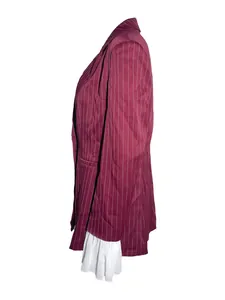 Women's burgundy pinstripe blazer featuring unique white pleated patchwork hem detail