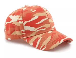 Detail view of stitched camo baseball cap in orange and beige with curved visor brim