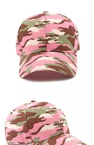 Detail of pink camouflage baseball cap showing cotton fabric and 6-panel construction