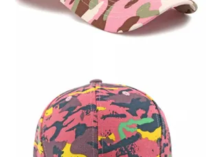 Detailed view of pink camouflage baseball cap stitching and breathable eyelets