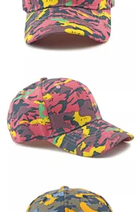 Close-up of camouflage baseball cap detailing with multi-color patterns and curved brim