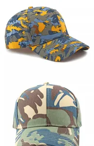 Close-up of two camouflage baseball caps showing blue and green pattern details