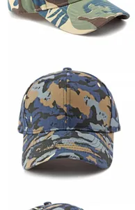 Macro view of a classic blue camouflage baseball cap with six-panel construction