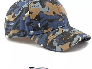 Detail view of the six-panel blue camouflage baseball cap with curved brim and air vents