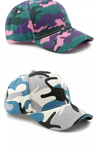Detail of pink and blue camouflage baseball caps with textured twill fabric and curved brim