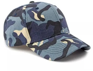 Close-up of blue camouflage baseball cap showing twill fabric texture and reinforced stitching