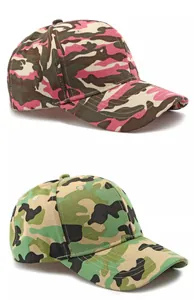 Detail of pink and green camouflage baseball caps with breathable holes and curved brims