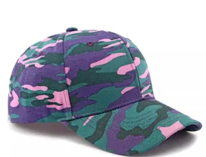 Detailed close-up of a camo baseball cap with purple, green, and pink twill fabric patterns