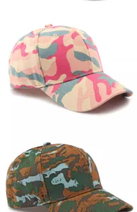 Detail showing pink and classic camouflage patterns on high-quality cotton baseball caps