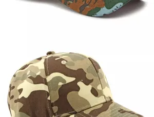 Close-up of jungle camouflage baseball cap fabric showing stitching and ventilation holes