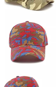 Detailed view of red and blue tiger camouflage baseball cap with six-panel crown