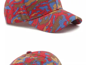 Detail view of red and blue tiger camo baseball cap with reinforced stitching and eyelets