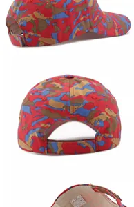 Detailed view of tri-color camouflage baseball cap with adjustable strap and inner labels