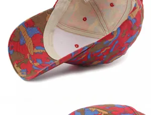 Detailed interior of camouflage baseball cap showing sweatband and red breathable eyelets