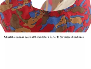 Detail of adjustable sponge strap on camouflage baseball cap for custom fit sizing